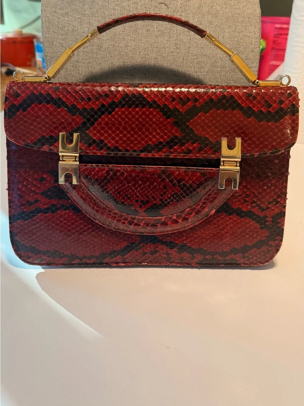 Red Snake Skin Top Handle Handbag